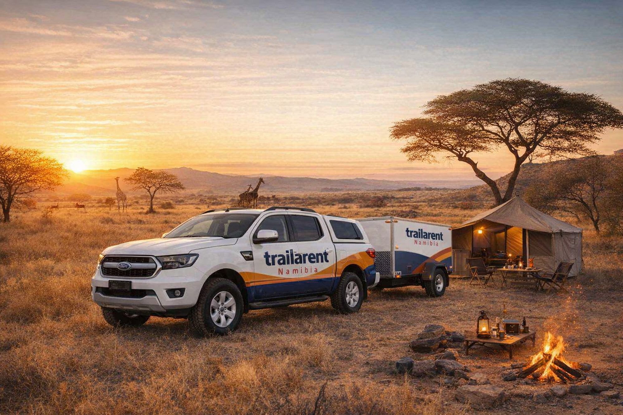 Trailarent Namibia bakkie towing a trailer at sunset in the Namibian bush